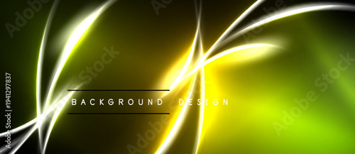 Abstract neon lines over dark green, yellow gradient. Modern design element for digital backgrounds, presentations. Bright illumination creates dynamic visual effect.