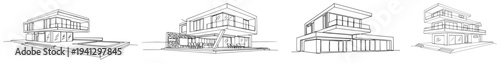 Set of modern luxury villa architecture designs with flat roofs in line art style