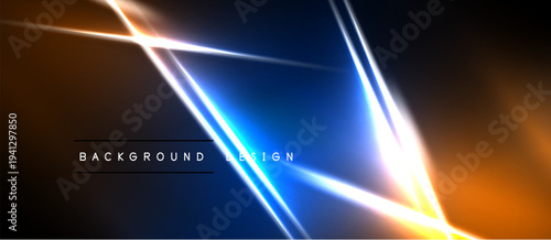 Abstract neon lines create dynamic geometric shapes. Vivid blue, orange hues dominate dark background. Modern design element.