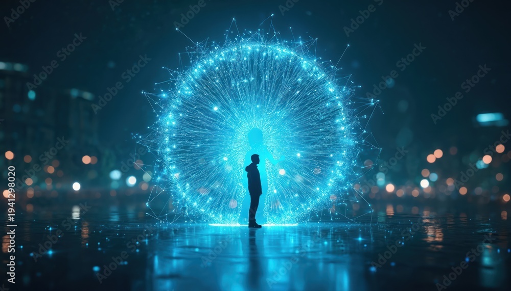 Fototapeta premium Person stands in glowing blue digital sphere network. Future tech concept symbolizes connection growth and transformation. Cybernetic gateway opens to new reality.