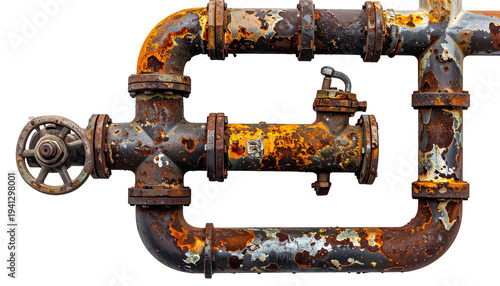 Complex network of heavily rusted pipes and valves against a dark, removed background