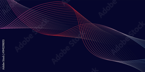 Dark abstract background with glowing wave. Shiny moving lines design element. Modern purple blue gradient flowing wave lines. Futuristic technology concept. Vector illustration