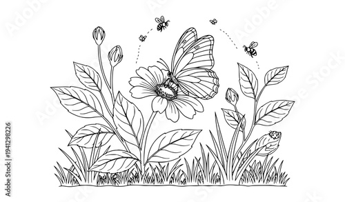 Butterfly on Garden Flower Doodle Illustration with Leaves, Grass and Flying Insects for Spring Nature Scene, Kids Coloring Page, and Botanical Design