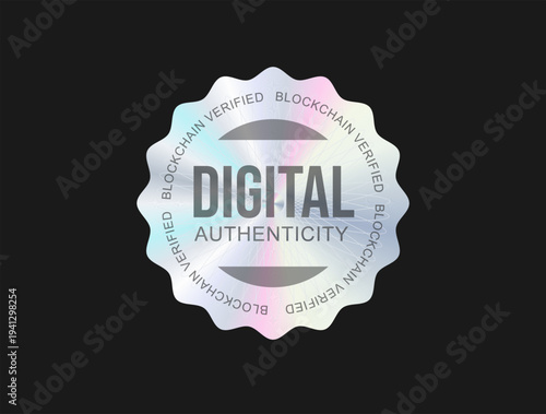 Hologram sticker digital authenticity genuine holographic seal isolated on black background 