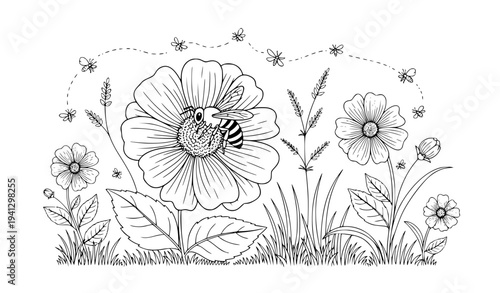 Cute Garden Flowers with Bee Doodle Illustration Featuring Floral Plants, Leaves, Grass and Nature Elements for Spring, Kids Coloring, and Botanical Design