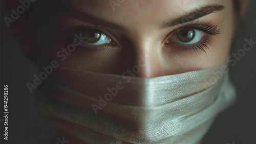 Close Up Woman Wearing Protective Mask For Health Safety And Medical Awareness