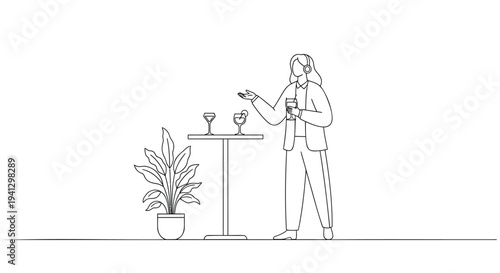 Vector illustration of businesswoman with cocktail glass and plant