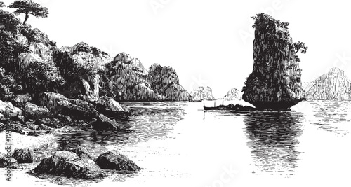 Hạ Long Bay, Vietnam illustration on a white background. This vector illustration can be used in any size you like for advertising, logos, and other work.
