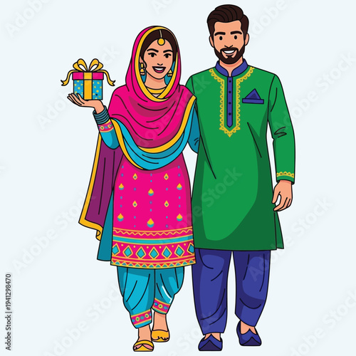 Happy Indian couple in traditional clothing holding gift box for celebration