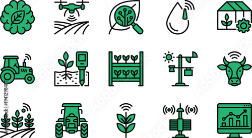 Smart agriculture technology line icons with drone monitoring sensors greenhouse automation livestock farming and crop analytics