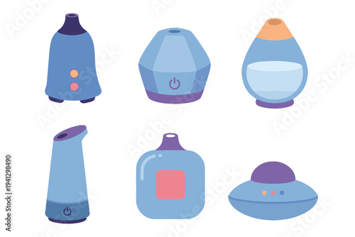 Modern Air Humidifier and Diffuser Vector Set, Essential Oil Aromatherapy Icons, Home Wellness Appliances