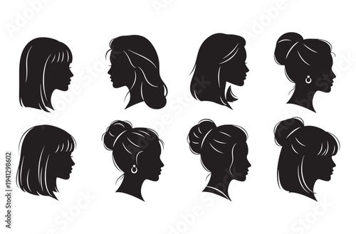 Set of eight beautiful women head silhouettes with various hairstyles vector illustration isolated on transparent background