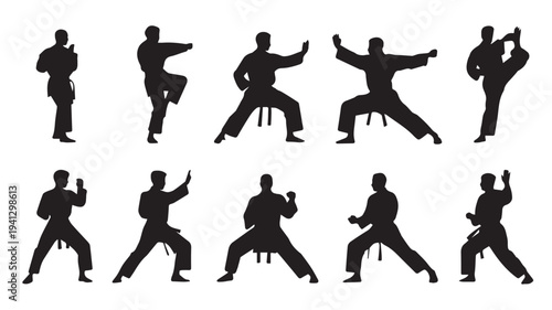 Martial Arts Silhouettes in Various Dynamic Poses with High Contrast Lighting on White Background for Fitness Promotion