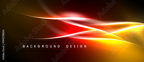 Dynamic abstract background. Bright orange, red lines create flowing energy. Dark space surrounds vibrant illumination. Design elements suggest motion, speed.