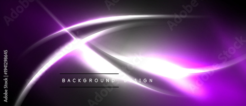 Abstract purple neon lights create dynamic curves, lines. Bright glow contrasts dark background. Modern design element.