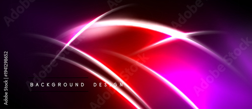 Abstract neon lines create vibrant red, pink glow. Dark background emphasizes luminous curves, modern design element.