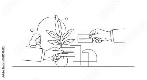 Vector illustration of hands exchanging money and plant, minimalist line art style