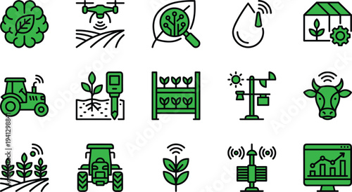 Smart agriculture farming technology icon collection with drone monitoring sensors greenhouse automation livestock and crop analytics