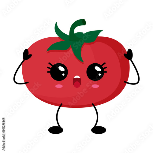 Cute kawaii tomato character with smile, round red body, big sparkling eyes, rosy cheeks, tiny stick limbs with mittens, legs in cheerful stance, raised arms showing