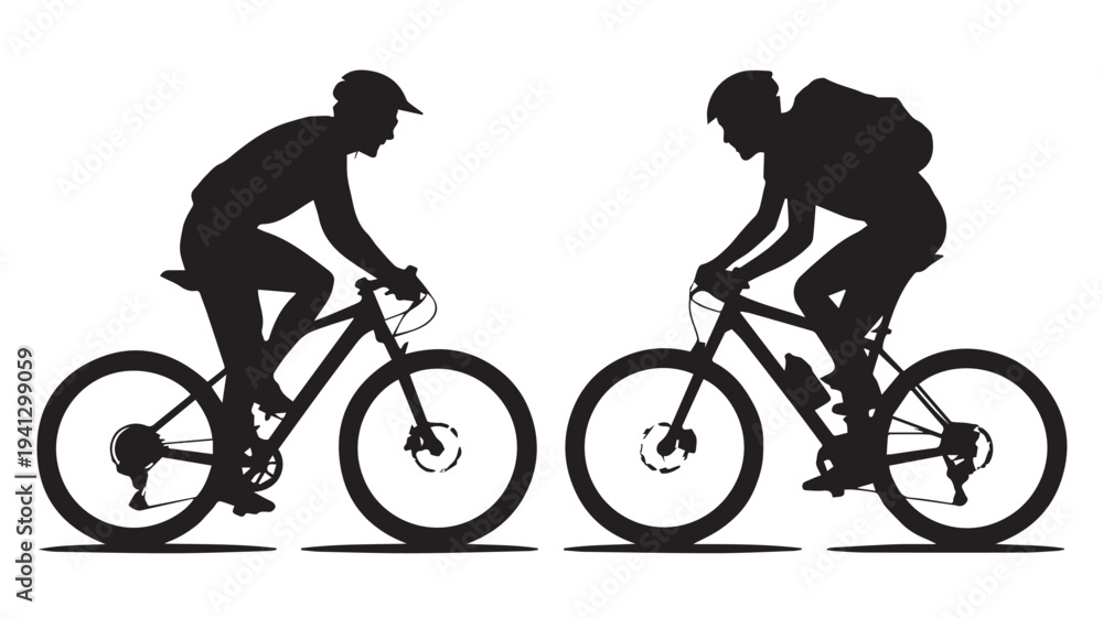Naklejka premium Cyclists in silhouette riding bicycles in dynamic motion on white background for sports illustration