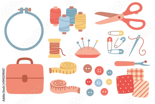 Sewing and Tailoring Equipment Set, Handmade Crafting Vector Icons, DIY Needlework Clipart Collection