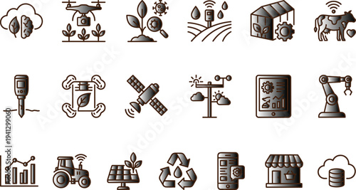 Smart agriculture technology icon set with farming automation drone sensors renewable energy analytics and precision farming systems