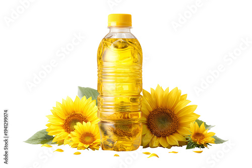Sunflower oil bottle with fresh sunflowers isolated on white background healthy cooking