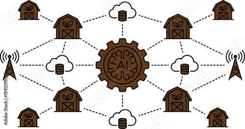 Artificial intelligence agriculture network system connecting smart farms barns cloud data sensors and digital farming infrastructure