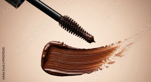 Brown mascara wand with cosmetic product on beige background