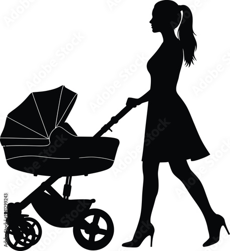 a silhouette of a woman walking with a baby stroller suggests motherhood care and a gentle outdoor stroll high quality professional