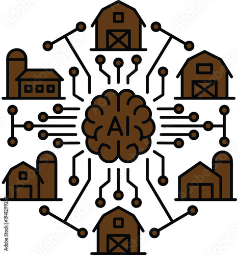 Artificial intelligence agriculture network concept with connected smart farms barns and data technology for digital farming systems