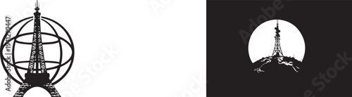 Modern telecommunication tower with global network sphere symbolizing wireless communication, radio signal transmission and worldwide connectivity technology concept isolated on light and dark backgro