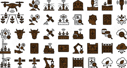 Smart agriculture technology icon set with drone monitoring sensors robotics irrigation analytics livestock tracking and precision farming