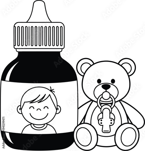 a simple black and white illustration depicts a baby bottle and a teddy bear together suggesting themes of childhood care and comfort