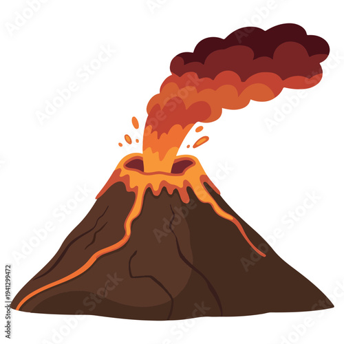 Cartoon volcano eruption with flowing lava and smoke cloud. Active volcanic mountain erupting with hot magma illustration. Simple volcano eruption vector for kids educational material. 