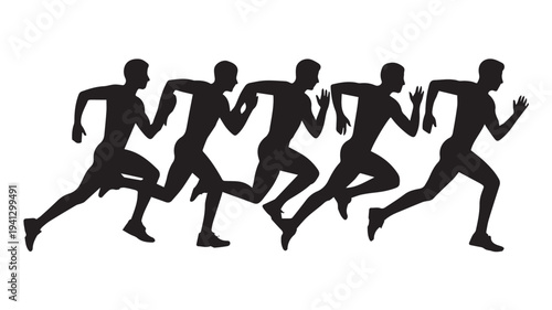 Runners in motion blur with dynamic pose in black silhouette on white background for sports illustration