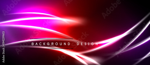 Abstract neon lines create dynamic background. Vivid purple, red hues blend into darkness. Text reads background design.