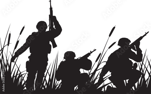 Three military soldiers in silhouette are positioned among tall grasses or cattails in a natural setting