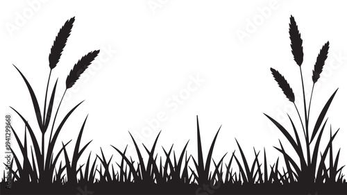 Silhouetted cattails in serene landscape with soft black and white contrast on transparent background for nature decor