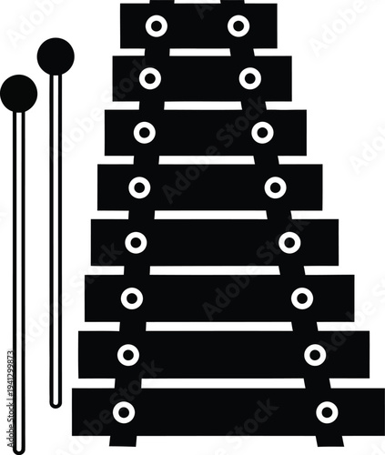 A simple black and white illustration depicting a xylophone with two mallets positioned near the instrument s bars high quality professional