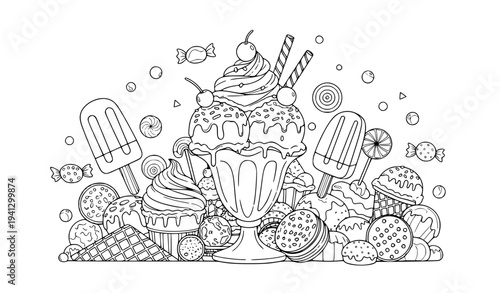 Sweet Dessert and Ice Cream Doodle Illustration with Sundae, Popsicles, Candy, Cookies and Cupcakes for Summer Treats, Bakery Menu, and Food Design