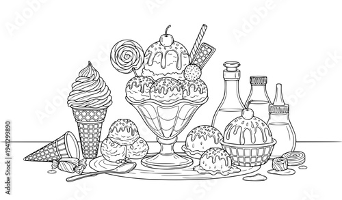 Ice Cream Dessert Collection Outline Illustration Featuring Sundae Cone Scoops Syrup Toppings and Sweet Treats for Cafe Menu Design and Food Branding