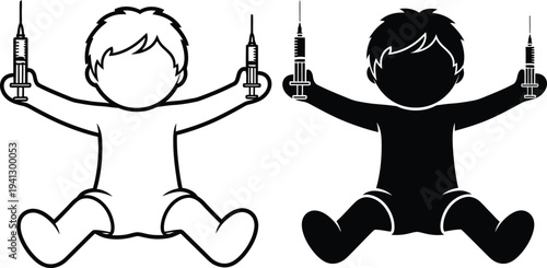 a graphic illustration depicts two child figures seated with arms outstretched each holding a syringe in each hand presented in contrasting color schemes