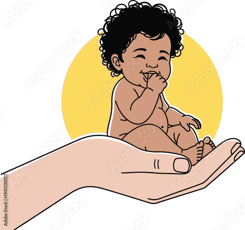 A gentle hand cradles a smiling baby with dark curly hair set against a warm yellow circular background symbolizing care