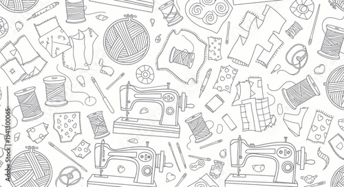 Hand-drawn sewing equipment doodle pattern. Sewing machine, yarn, fabric scraps.