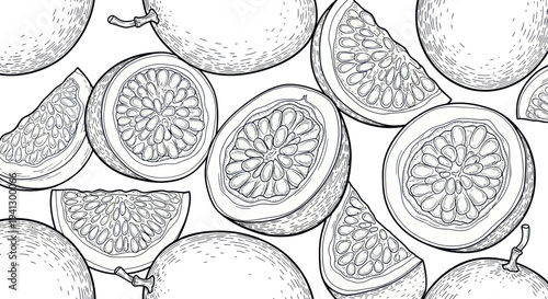 Hand-drawn passion fruit pattern, whole and sliced, organic sketch illustration