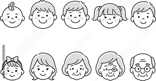 a collection of simple monochrome cartoon faces depicting different ages and genders from babies to elderly people presented in a row