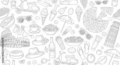 Italy Travel Doodle Pattern: Pizza, Colosseum, Gelato, Vespa, Leaning Tower of Pisa