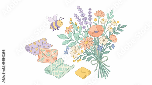 Illustration of a bouquet of flowers with reusable beeswax wraps and a bee on a white background with a colorful and eco-friendly mood.