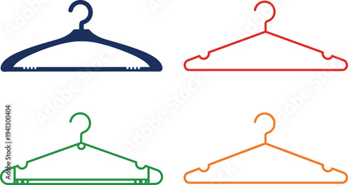 Colorful clothes hangers collection, fashion retail tools, garment organization accessories, modern hanger designs, wardrobe essentials, storage solutions, stylish clothing support illustration